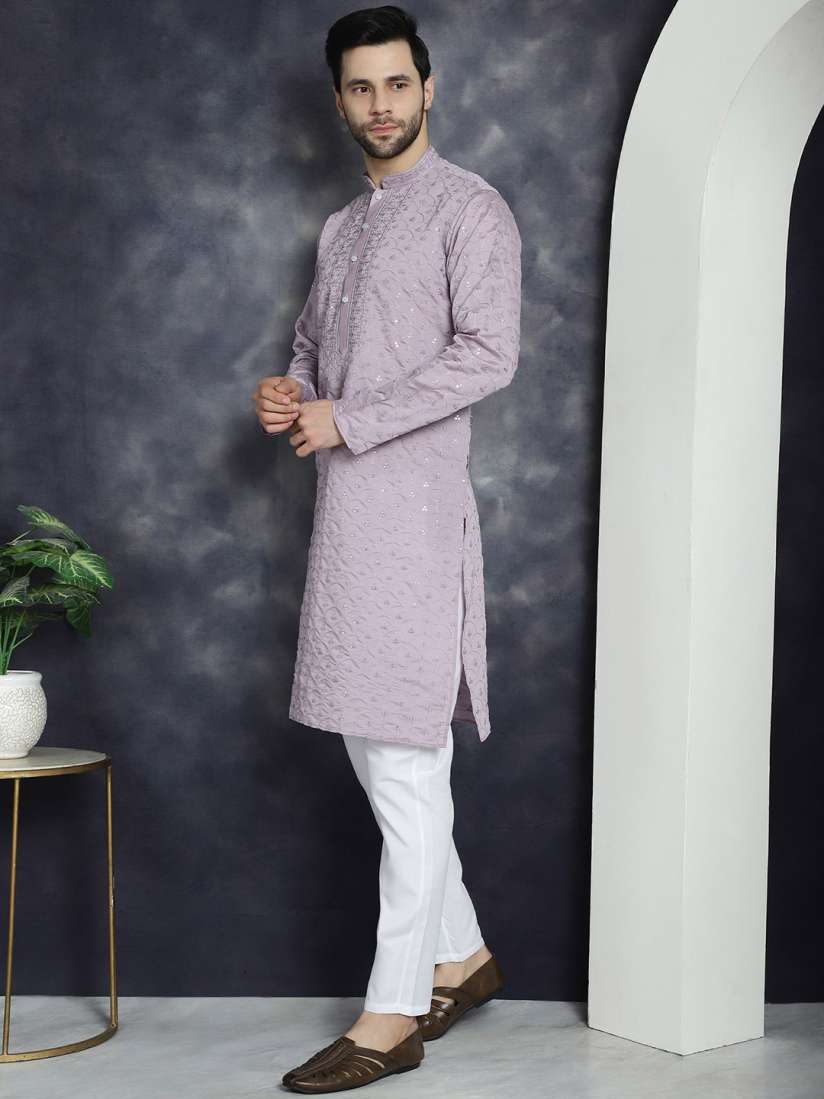Motifs Embroidered Mandarin Collar Sequinned Straight Kurta With Pyjama Motifs Embroidered Mandarin Collar Sequinned Straight Kurta With Pyjama