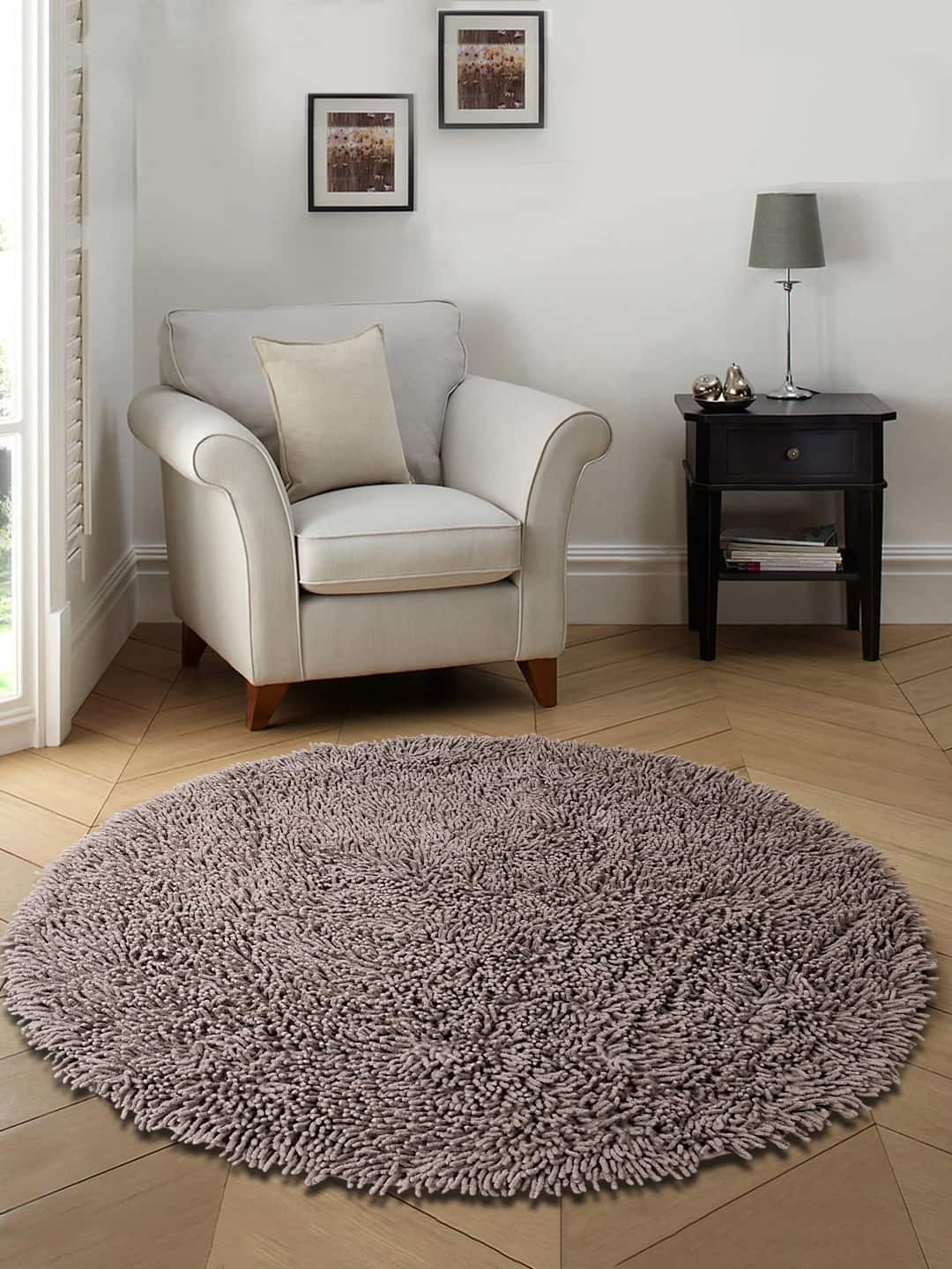 Saral Home Grey Solid Cotton Anti-Skid Shaggy Round Bath Mat
