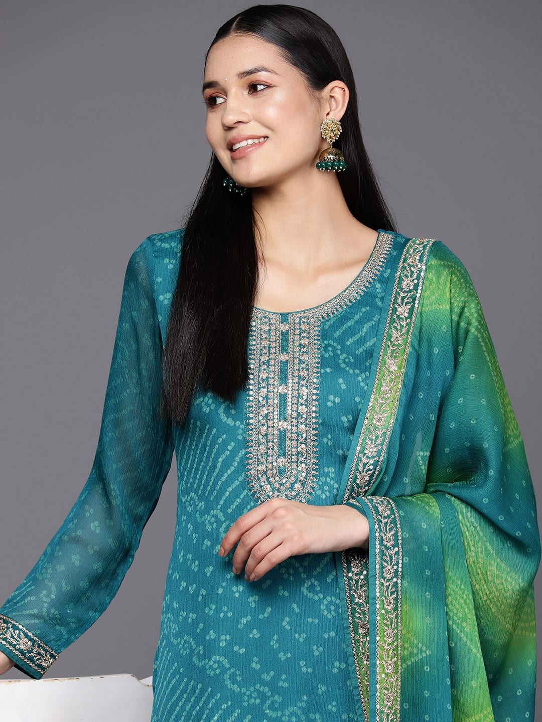 Libas Women Turquoise Blue Bandhani Printed Kurta with Trousers &amp; With Dupatta
