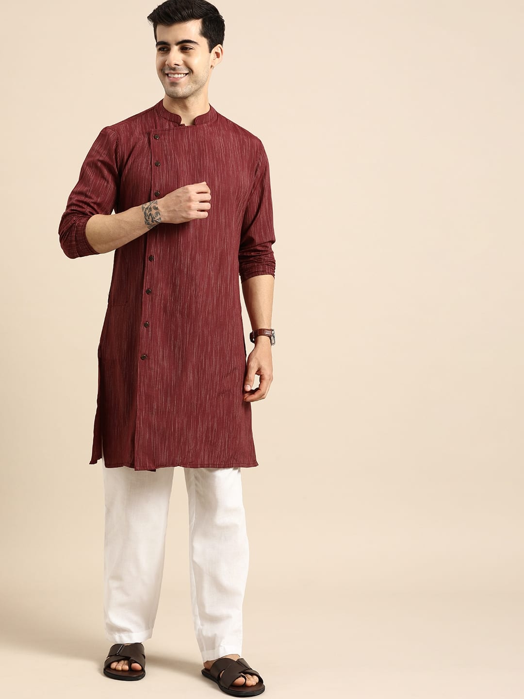 Anouk Men Maroon Striped Kurta with Pyjamas