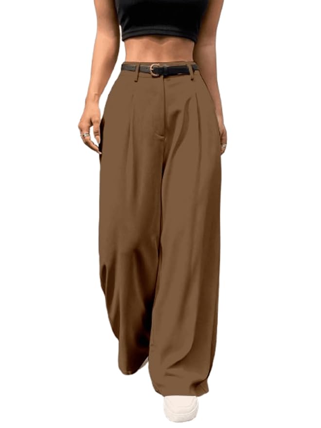 Aahwan Women's Loose High Rise Solid High Waist Korean Pleated Wide Leg Trouser Aahwan Women's Loose High Rise Solid High Waist Korean Pleated Wide Leg Trouser