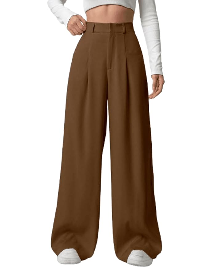 Aahwan Solid High Waist Straight Korean Loose Pleated Wide Leg Trouser