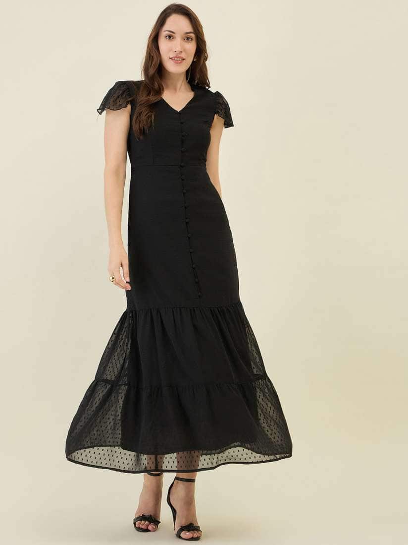 Aayu Women Georgette Drop Waist Maxi Tiered Dress
