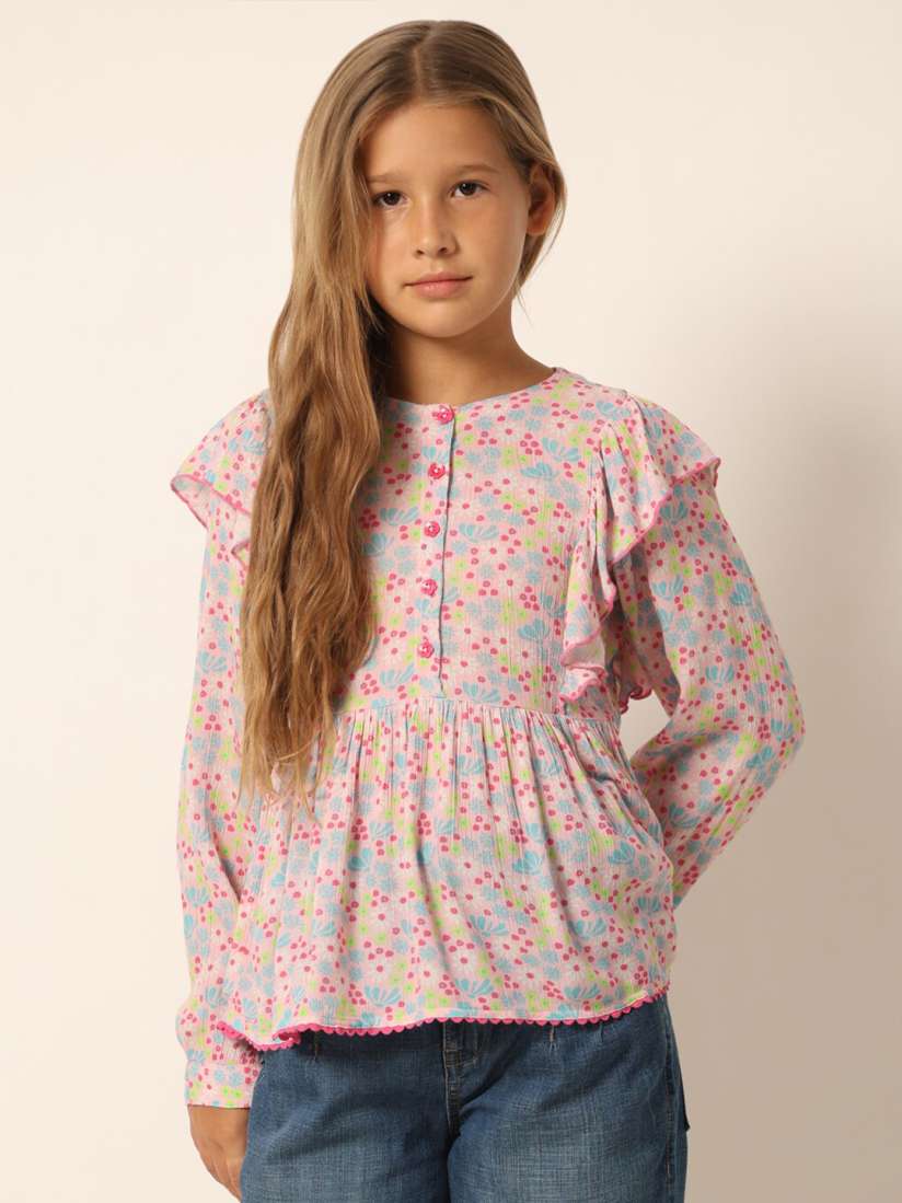Vero Moda Girls Floral Printed Cuffed Sleeves Gathered Cotton Peplum Top Vero Moda Girls Floral Printed Cuffed Sleeves Gathered Cotton Peplum Top