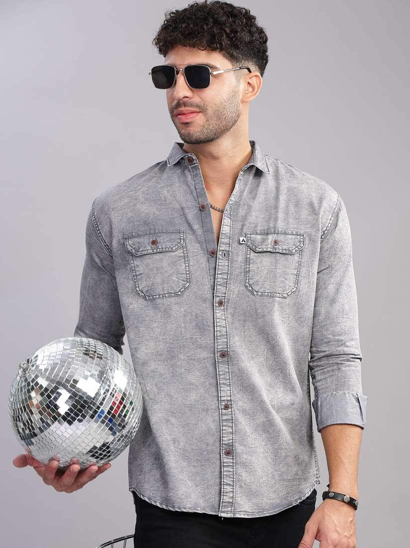 AIDAN PAUL Men Classic Fit Washed Spread Collar Casual Shirt