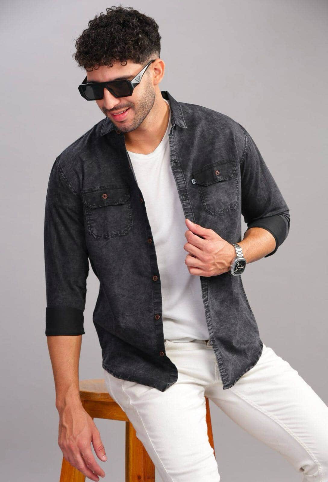 AIDAN PAUL Men Regular Fit Washed Cut Away Collar Casual Shirt