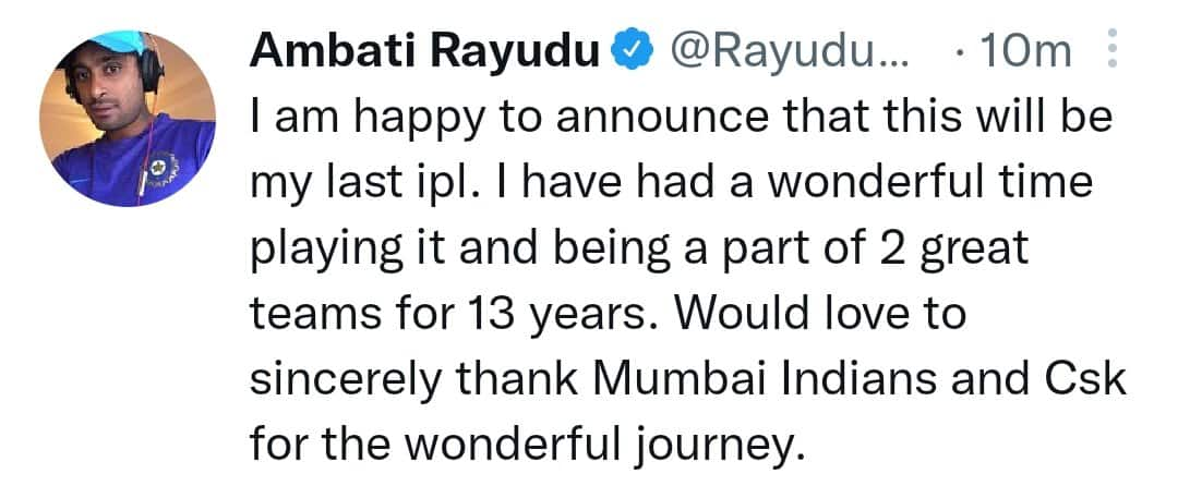 IPL 2022: CSK's Ambati Rayudu deletes retirement Tweet 