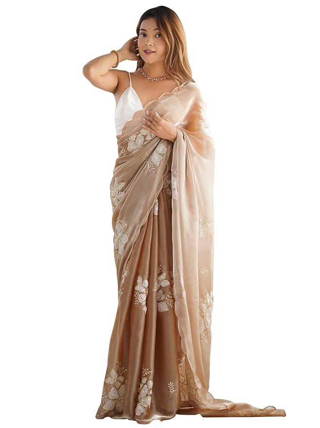 AKHILAM Women's Shimmer Organza Sequence Embroidery Saree