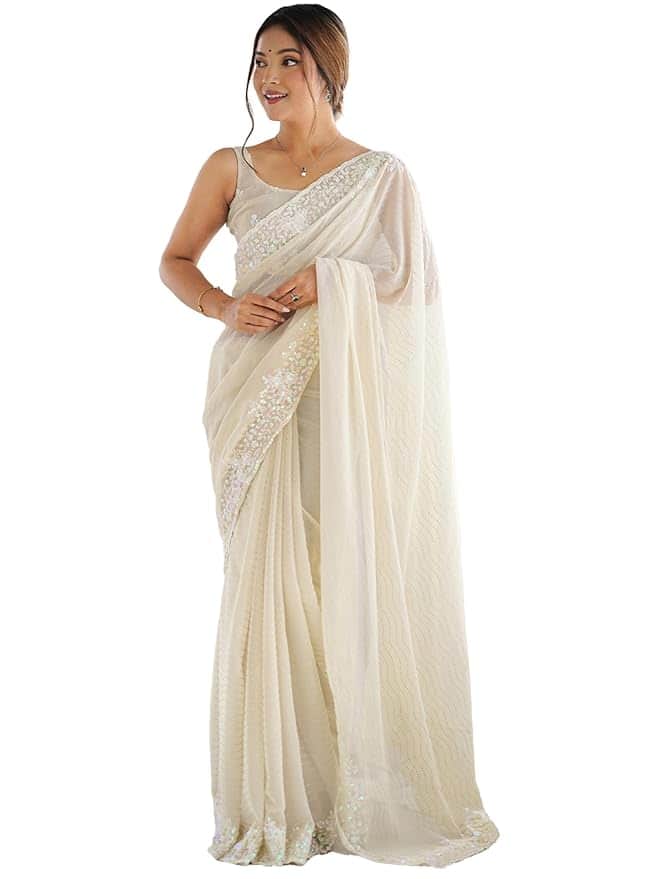 AKHILAM Women's Georgette Embellished Saree with Unstitched Blouse