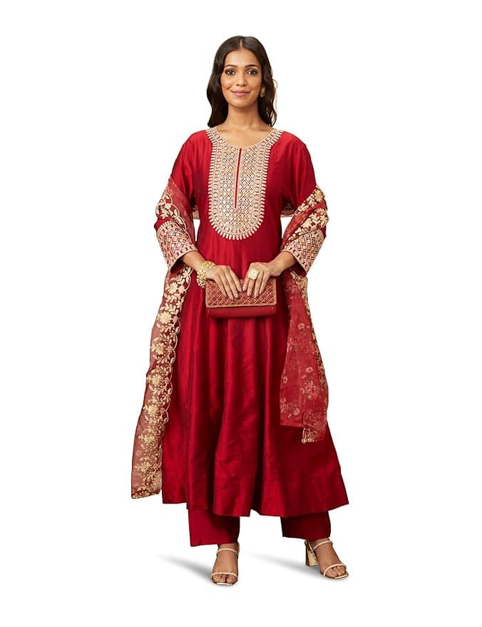 Amazon Brand - Myx Women's Embroidered Anarkali Kurta Pant Set with Organza Dupatta