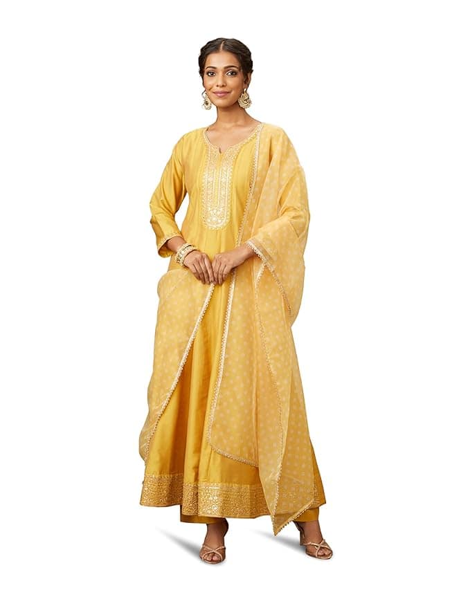 Amazon Brand - Myx Women's Embroidered Anarkali Kurta Pant Set with Organza Dupatta (Repeat Design)