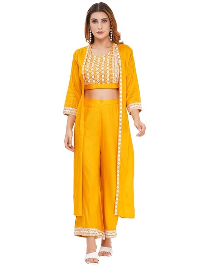 Ameeha Women's 3-Piece Ethnic Crop Top Set with Long Shrug