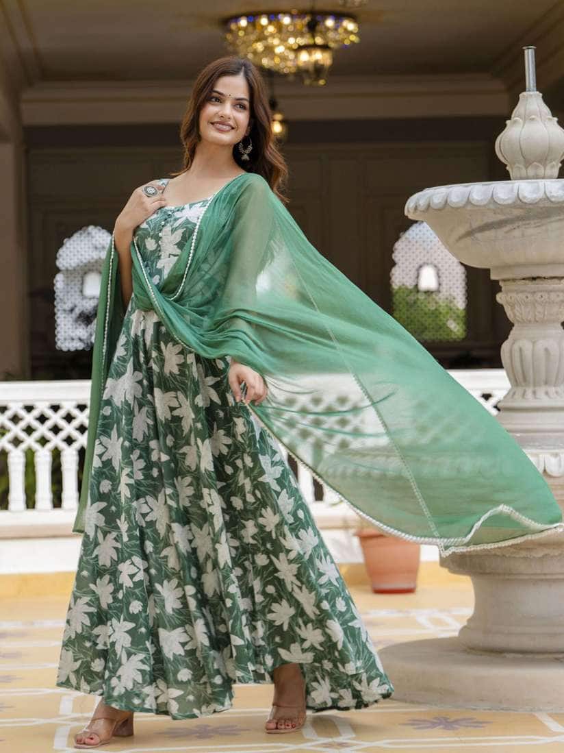 Anouk Floral Printed Sleeveless Cotton Anarkali Kurta With Duppatta