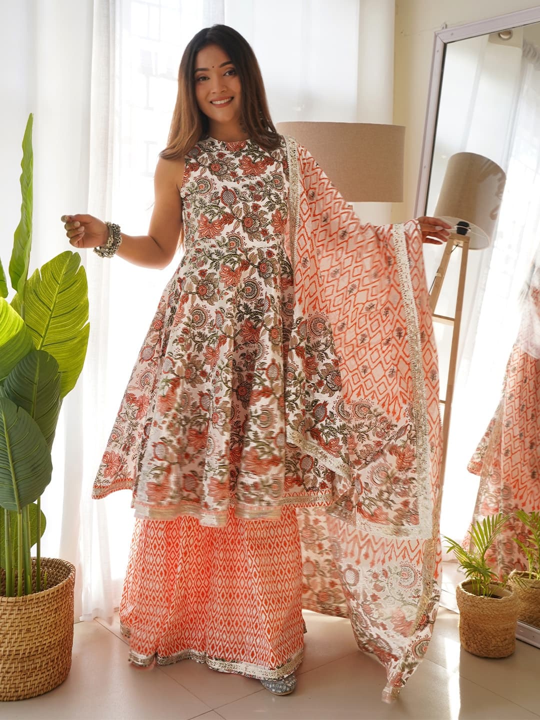Janasya Floral Printed Pure Cotton Sleeveless Anarkali Kurta With Sharara &amp; Dupatta
