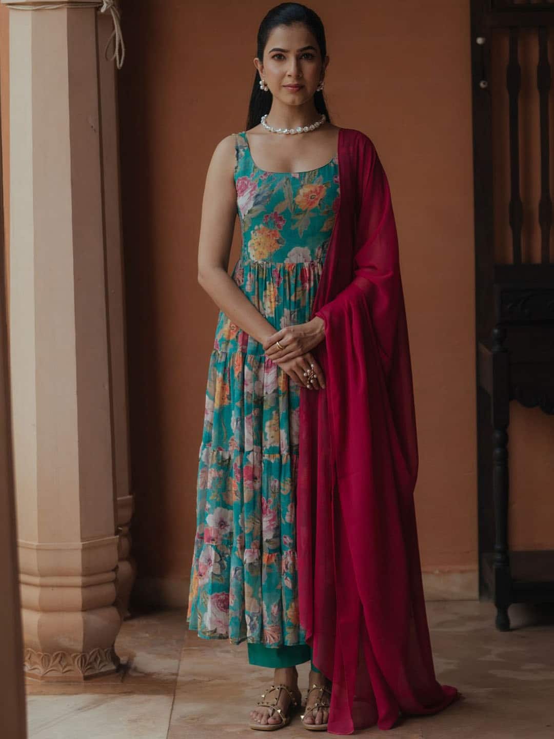 Anayna Women Floral Printed Tiered Kurta with Trousers &amp; Dupatta
