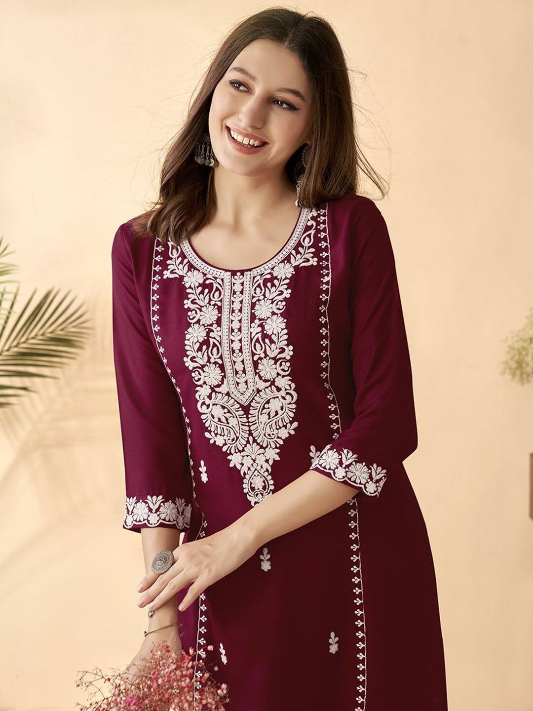Anouk Maroon Embroidered Ethnic Motifs Straight Kurta