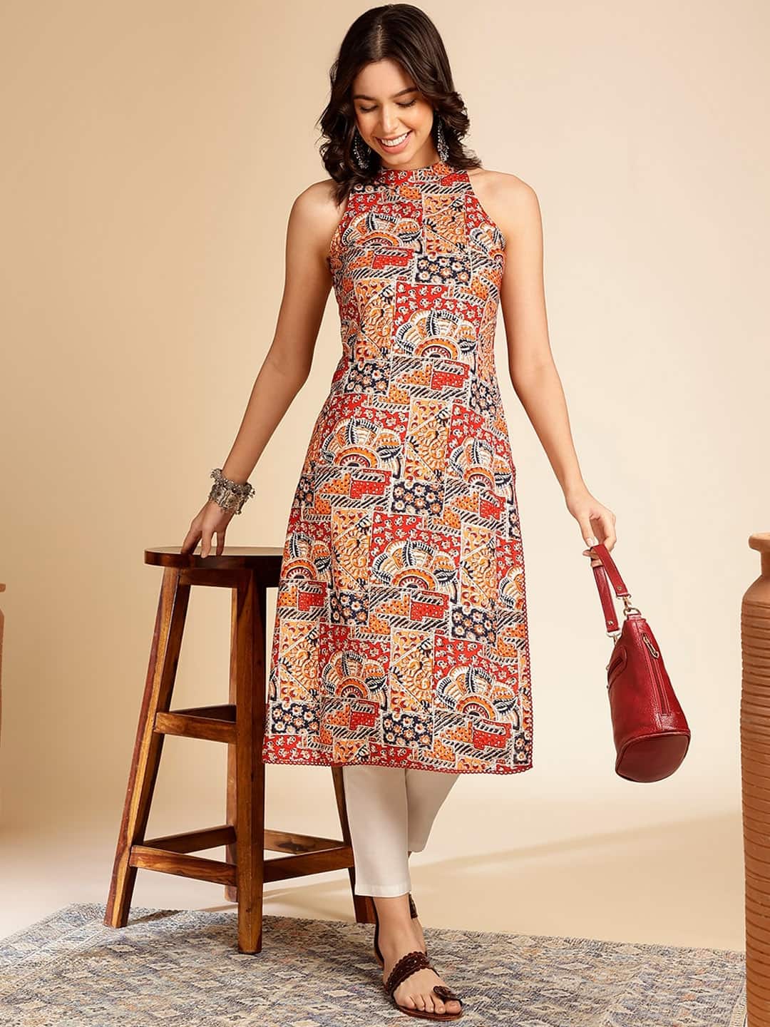 Anouk Geometric Printed Halter Neck Kurta
