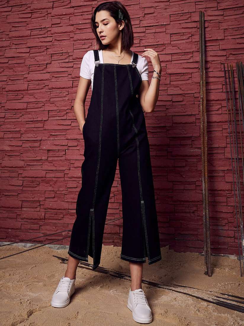 Athena Black Straight Leg Denim Dungarees