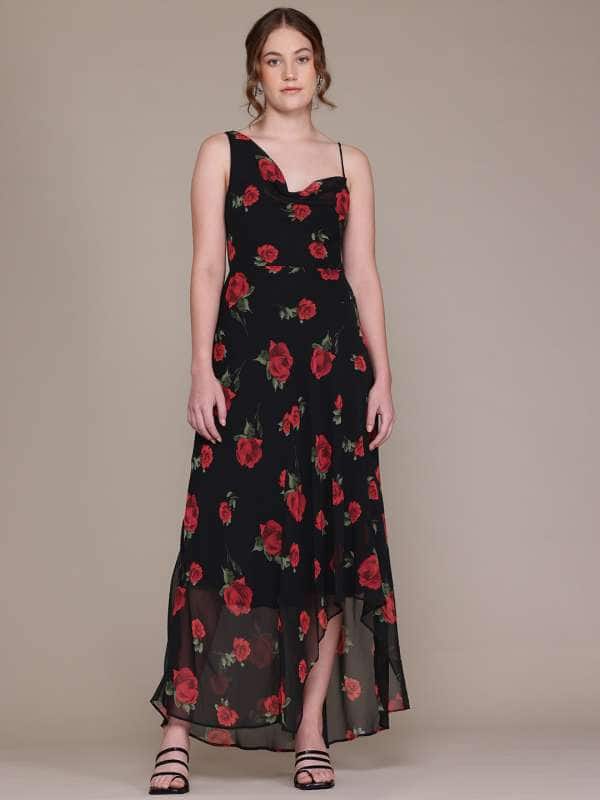 MANGO Floral Print Cowl Neck Asymmetric Georgette Party Fit & Flare Maxi Dress MANGO Floral Print Cowl Neck Asymmetric Georgette Party Fit & Flare Maxi Dress