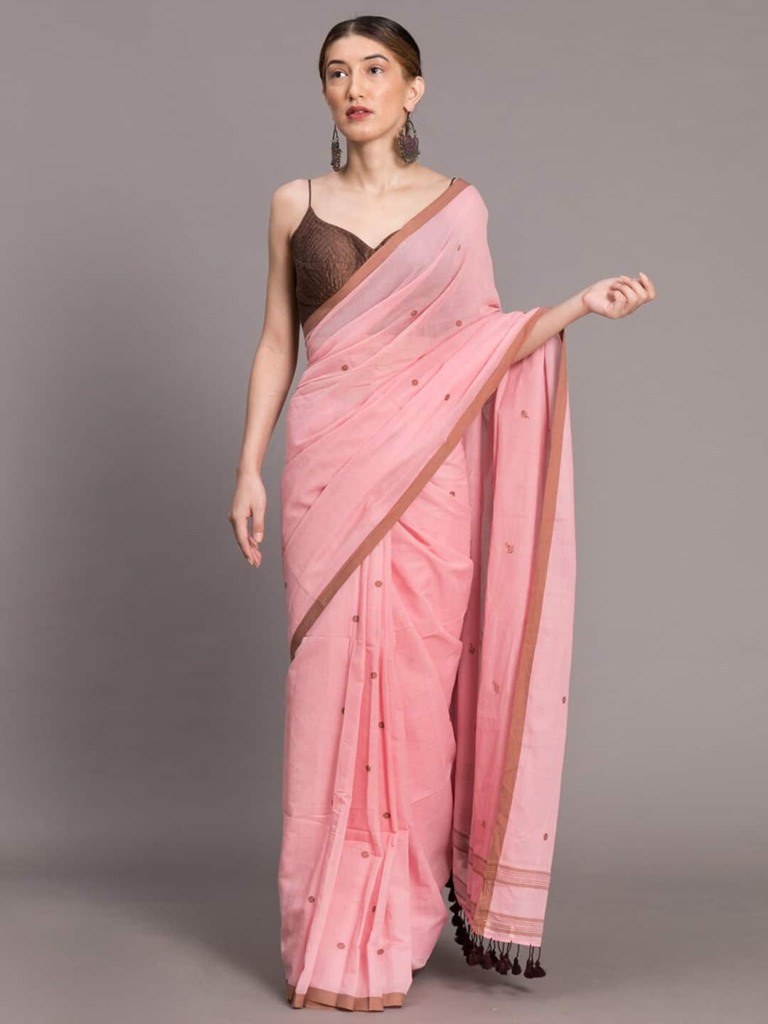 Suta Pink &amp; Brown Woven Handloom Cotton Saree