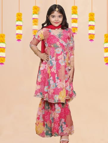 NKV Girls Floral Printed Angrakha Thread Work Kurta with Sharara &amp; Dupatta