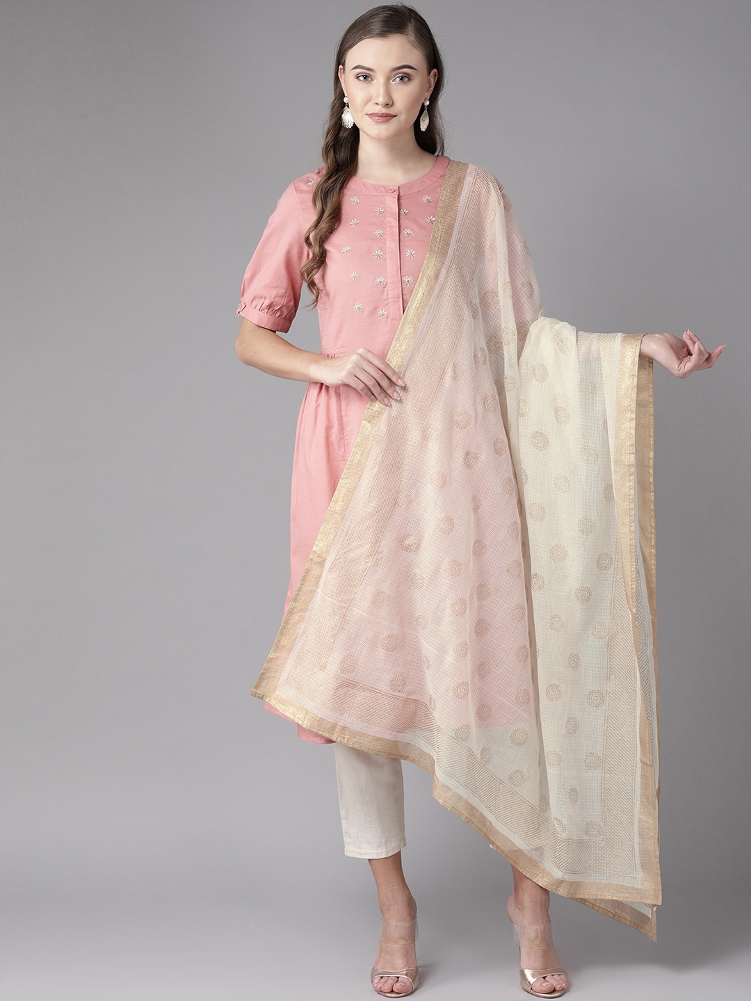 Anayna Off-White &amp; Golden Kota Doriya Block Printed Dupatta