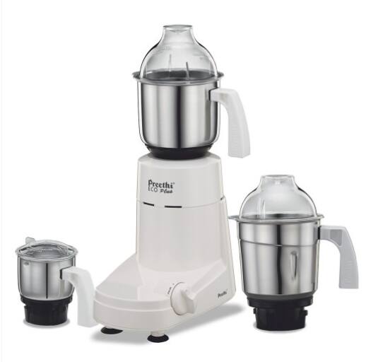 Preethi Eco Plus Mixer Grinder (550 Watt, 3 Jars, White)