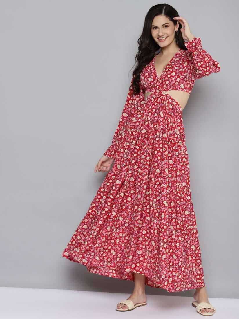 SASSAFRAS Red &amp; Beige Floral Waist Cut-Out Maxi Dress