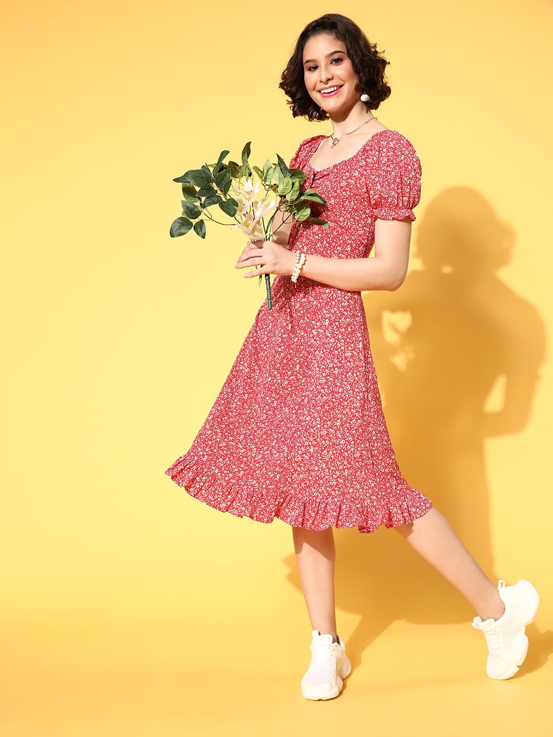  Berrylush Red Floral Crepe A-Line Midi Dress