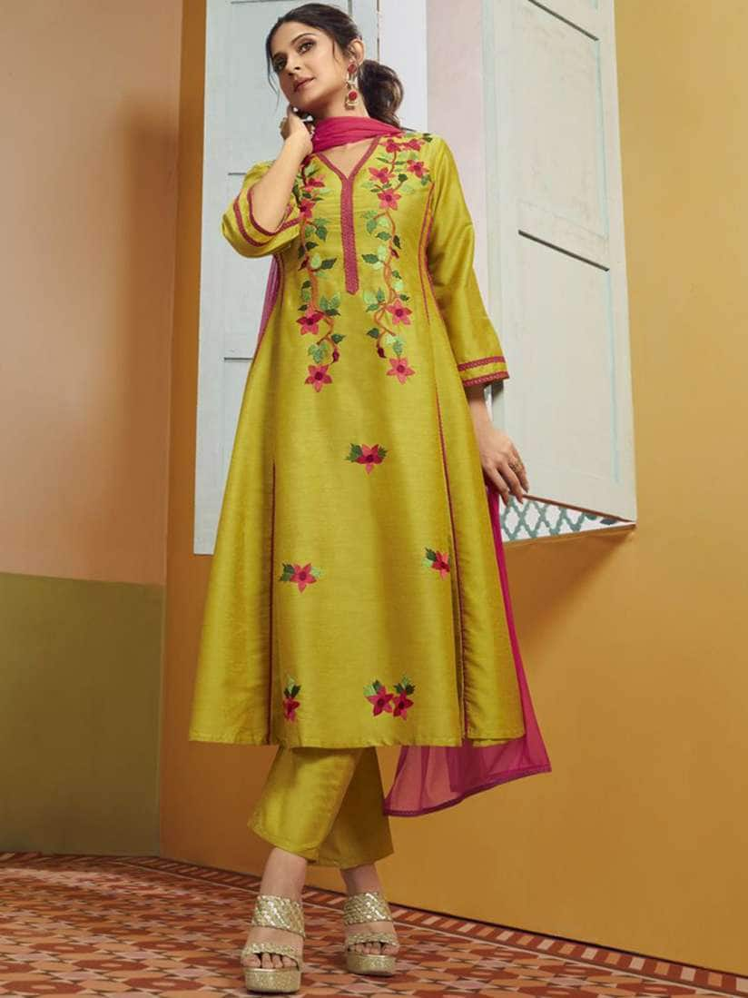 Bhama Couture Floral Embroidered Anarkali Kurta with Trouser &amp; Dupatta