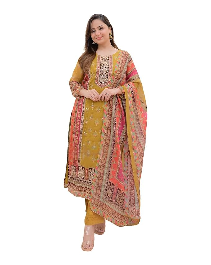 BHARVITA Women's Cotton Printed Sequence Embroidered Work Straight Kurta Dupatta Pant Set