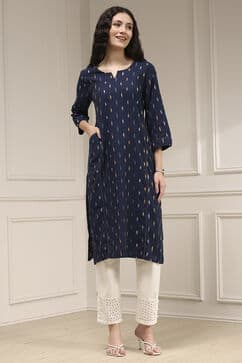 Biba Abstract Printed Notch Neck Cotton Straight Kurta