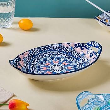 Nestasia Blue &amp; White 2Pcs Mandala Printed Ceramic Bakeware With Handle