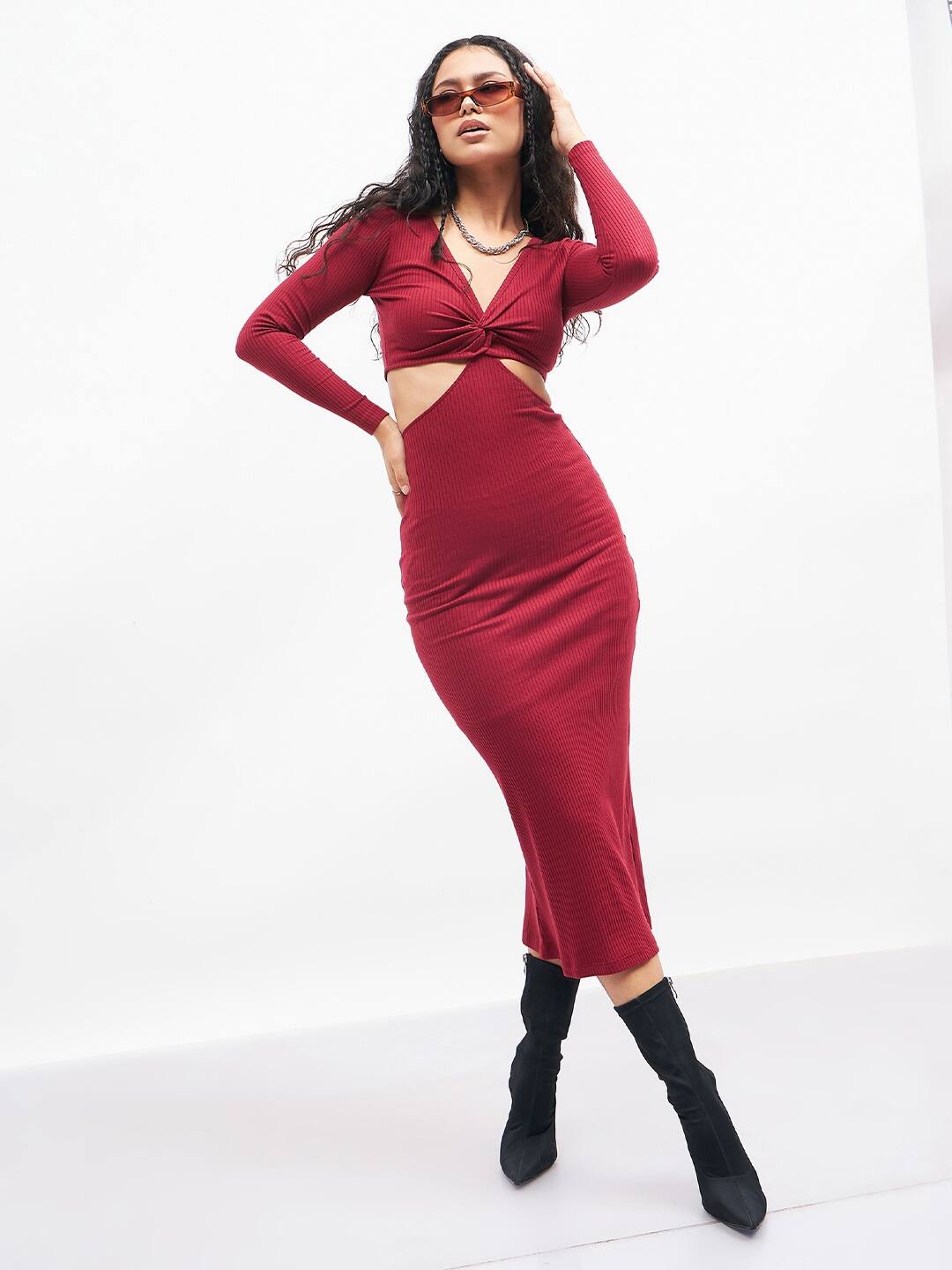 SASSAFRAS Maroon V-Neck Cut Out Bodycon Midi Dress