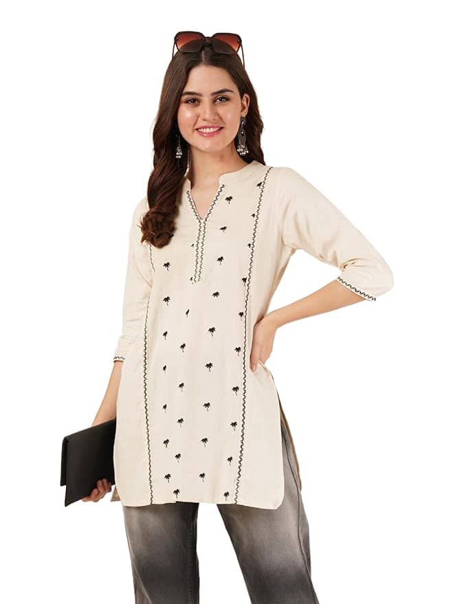 Brownverse Women's Pure Cotton Embroidered Short Kurti Brownverse Women's Pure Cotton Embroidered Short Kurti