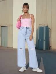 Flying Machine Women Wide Leg High-Rise Slash Knee Heavy Fade Jeans Flying Machine Women Wide Leg High-Rise Slash Knee Heavy Fade Jeans