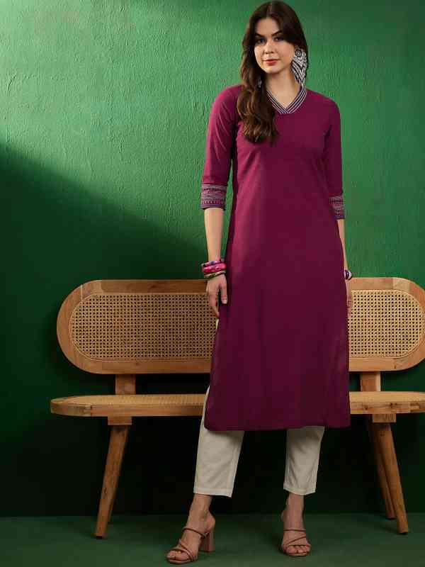 Sangria Burgundy V-Neck Thread Work Pure Cotton Straight Kurta Sangria Burgundy V-Neck Thread Work Pure Cotton Straight Kurta