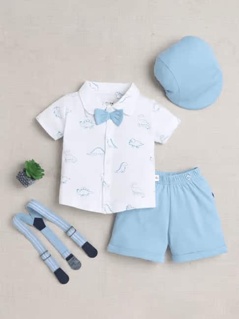 BUMZEE Infants Boys Printed Shirt With Shorts &amp; Bow Cap Suspenders