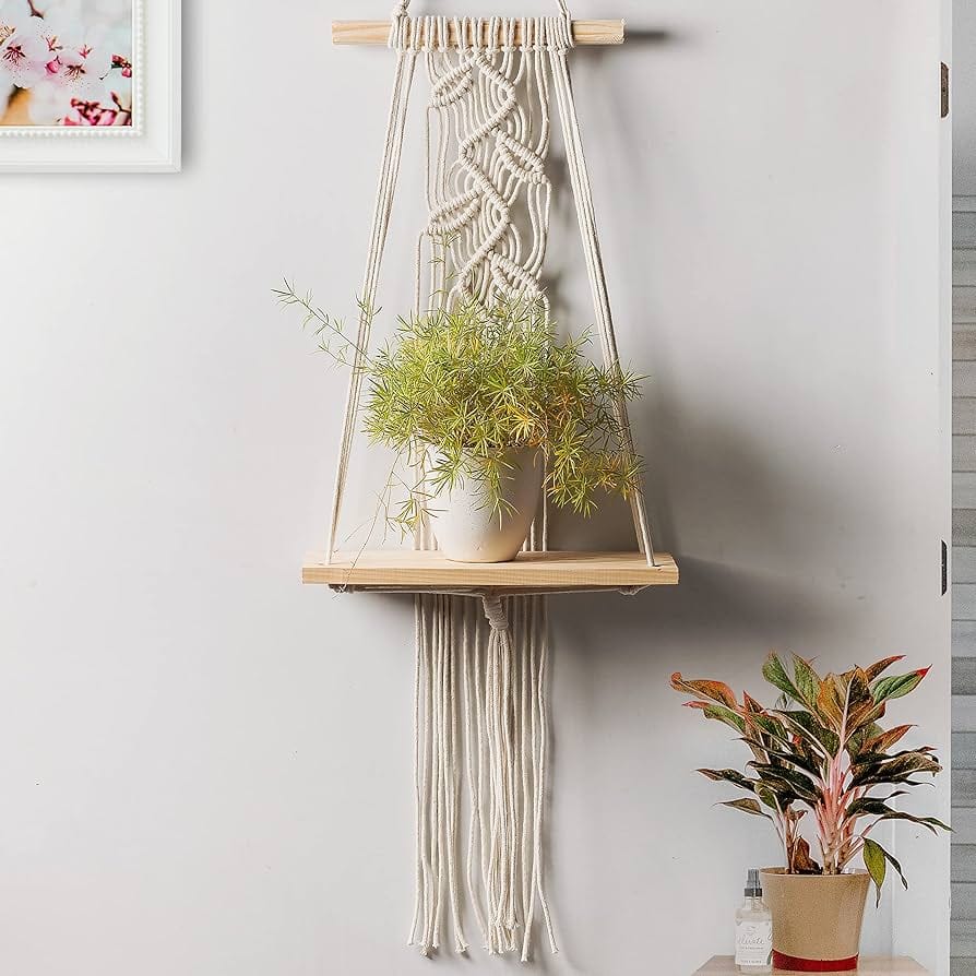 Decazone Macrame Beige Leaf Pattern Wood Shelf Wall Hanging