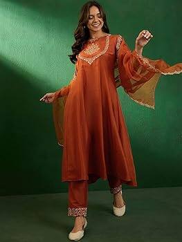  Sangria Embroidered Boat-Neck Kurta With Trousers &amp; Dupatta