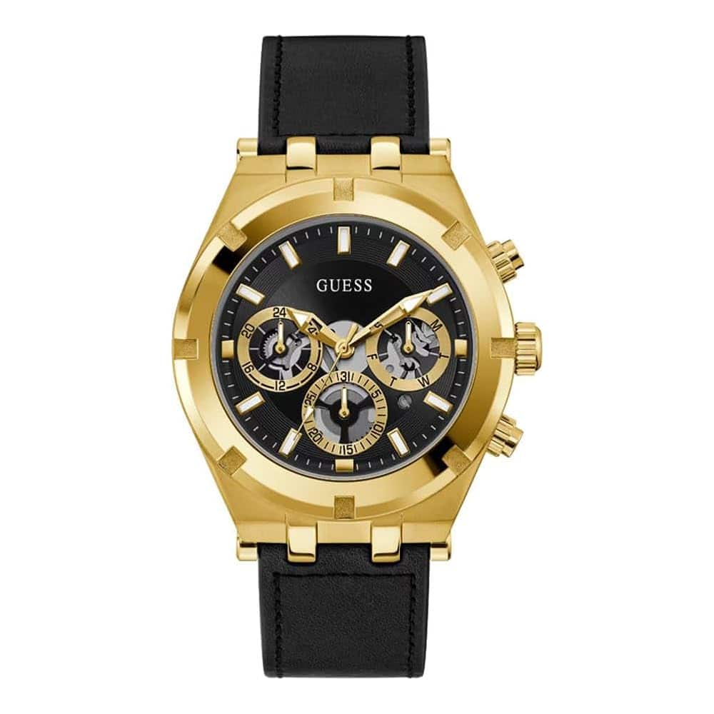  GUESS Men Black Patterned Dial &amp; Black Leather Straps Analogue Watch GW0262G2