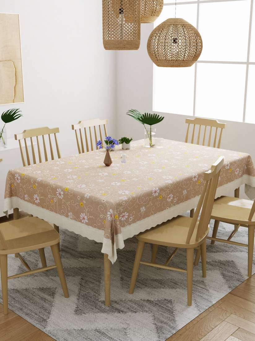 DREAM WEAVERZ Beige & Brown Floral Printed 6-Seater Table Cover DREAM WEAVERZ Beige & Brown Floral Printed 6-Seater Table Cover