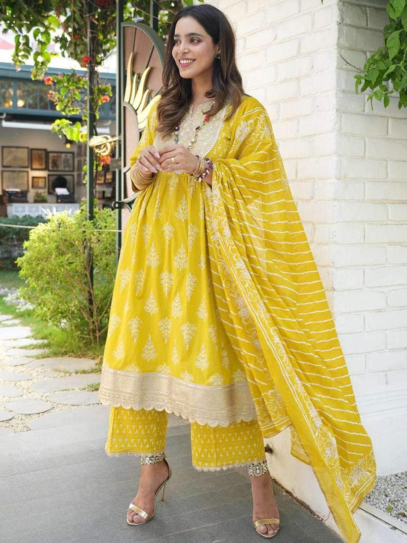  Libas Women Floral Yoke Design High Slit Pure Cotton Kurta with Palazzos &amp; With Dupatta