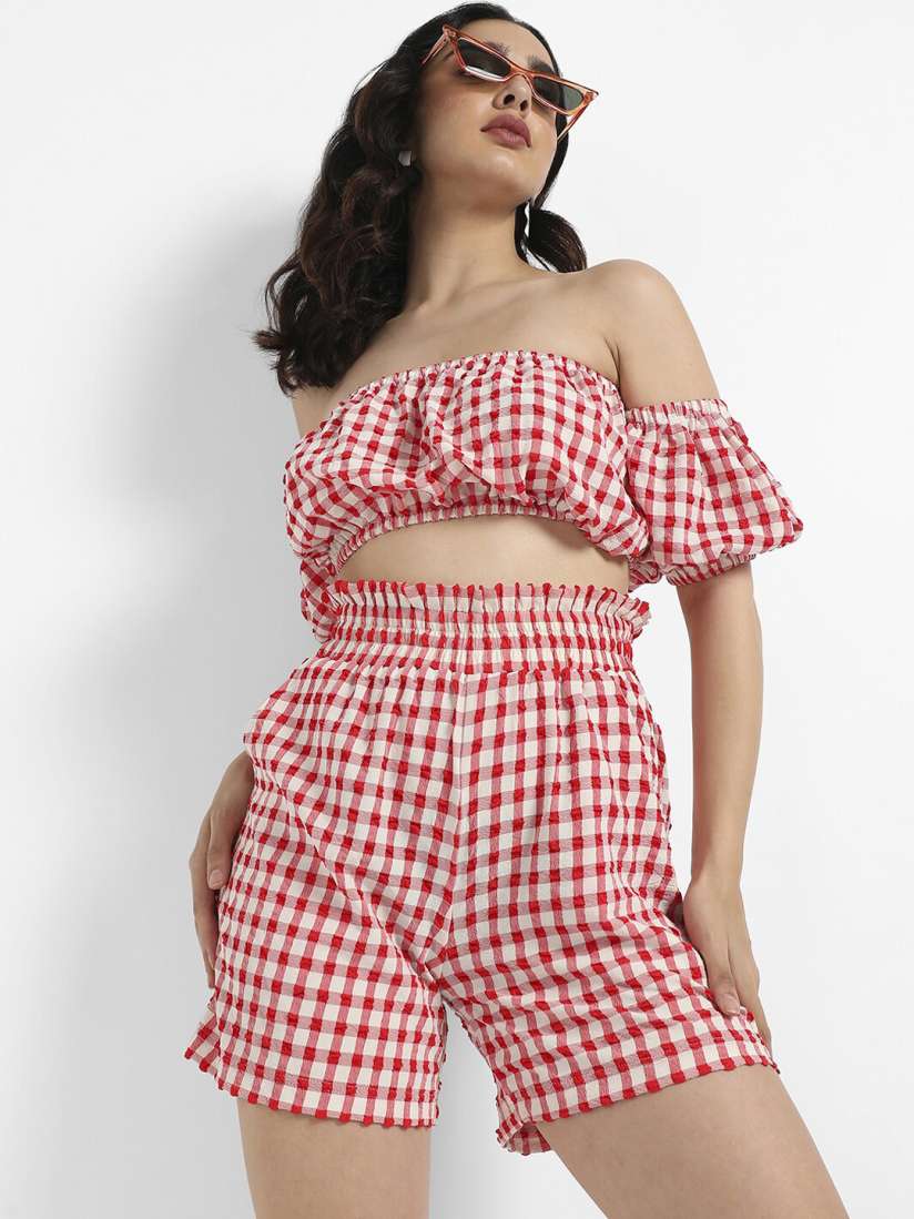 Campus Sutra Gingham Checked Off-Shoulder Co-ord Campus Sutra Gingham Checked Off-Shoulder Co-ord
