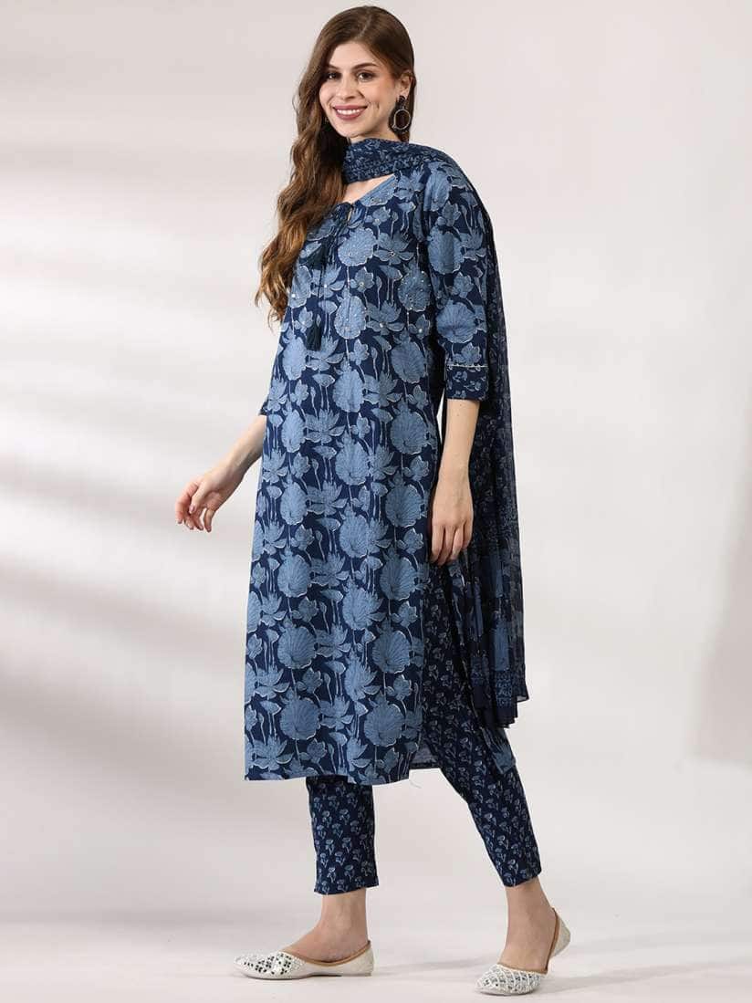 Anouk Floral Embroidered Tie-Up Neck Sequinned Pure Cotton Kurta with Trousers &amp; Dupatta