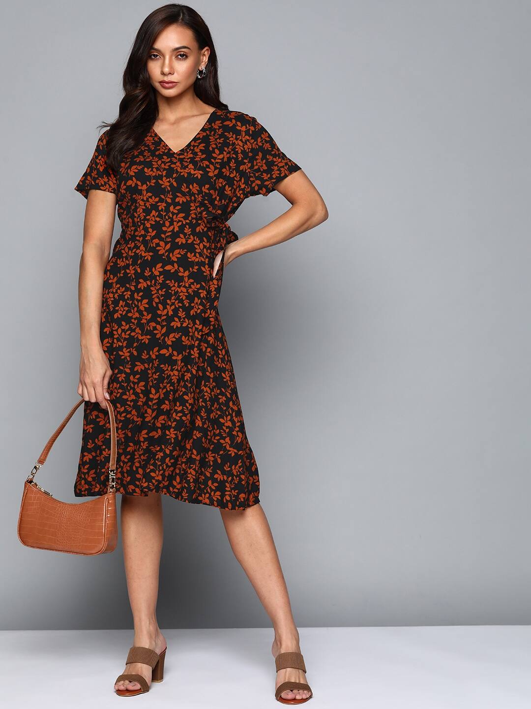 Chemistry Black & Rust Orange Floral Print Wrap Dress Chemistry Black & Rust Orange Floral Print Wrap Dress