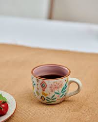 Chumbak Off-White &amp; Pink Floral Printed Ceramic Matte Cup
