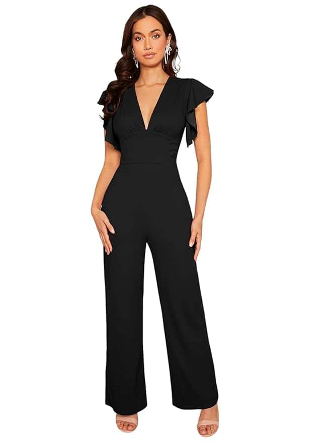 Classy Fashion Casual Flounce Cap Sleeves Deep V-Neck Pleated Jumpsuit