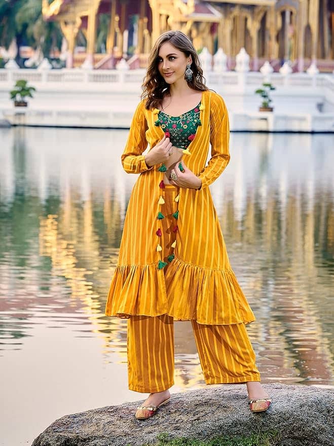 CLLEORA Women's Georgette Embroidered Koti Shrug &amp; Palazzo 3-Piece Co-Ord Set