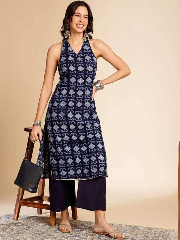 Anouk Navy Blue Geometric Printed Boat Neck Straight Kurta